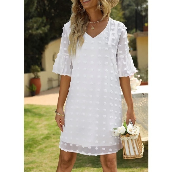 Dresses & Skirts - Summer Short Sleeve V Neck Mini Dress Chiffon Swiss Dot Flowy Dress - White -2XL